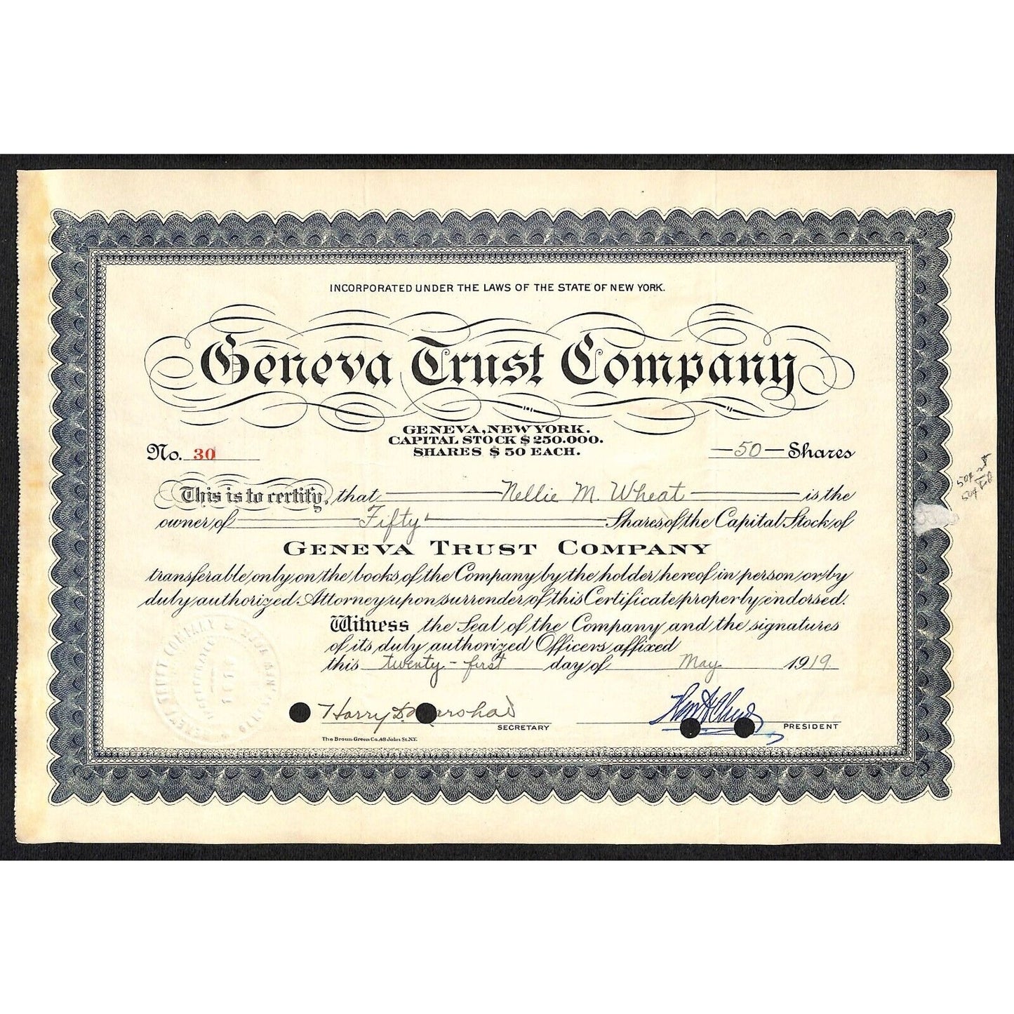 Geneva Trust Company NY 1919 Stock Certificate to Nellie M. Wheat #30 Tax Stamp