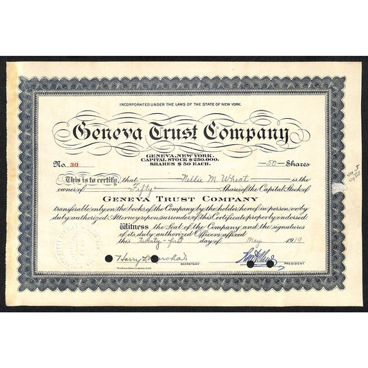 Geneva Trust Company NY 1919 Stock Certificate to Nellie M. Wheat #30 Tax Stamp