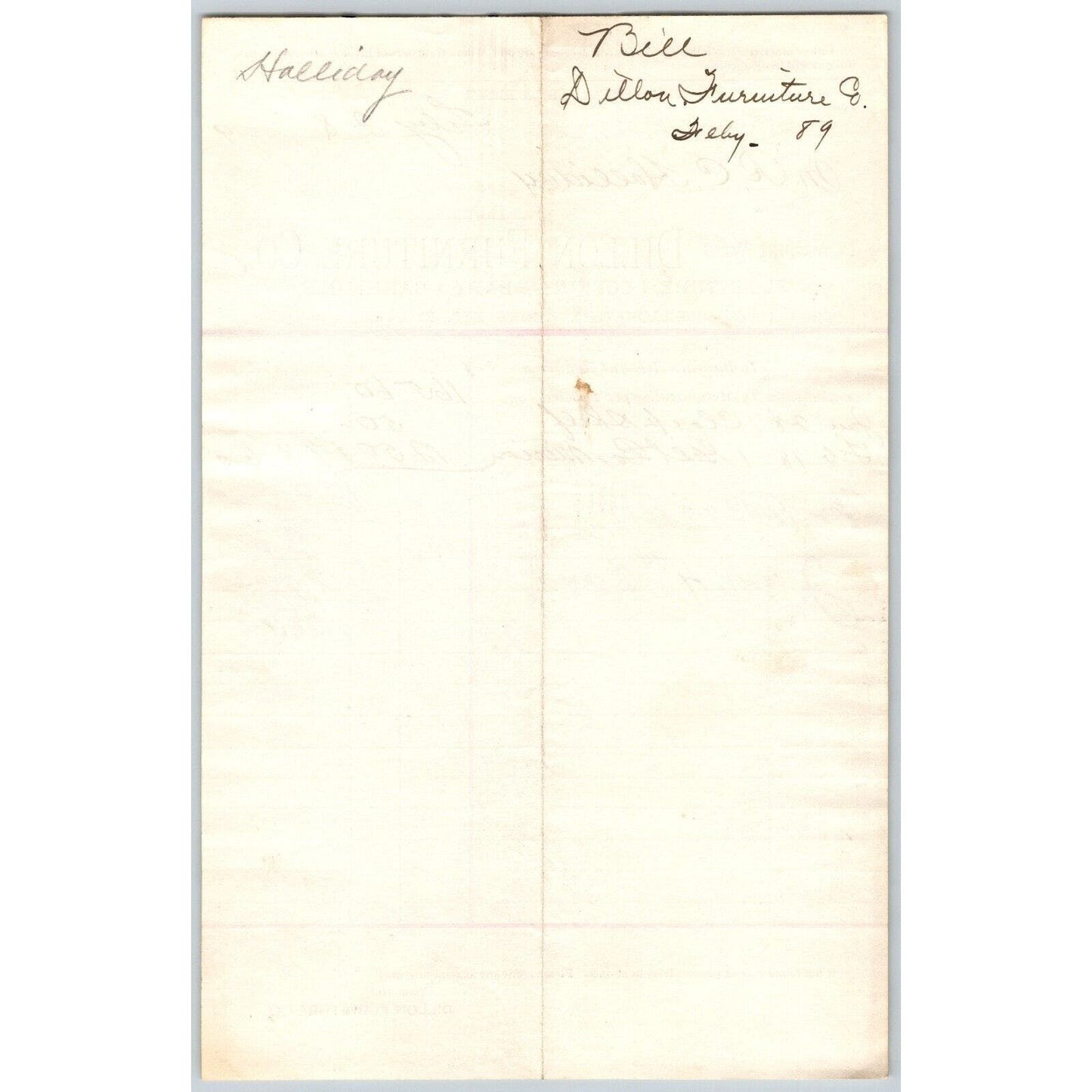 Dillon MT Dillon Furniture Co. 1889 Baby Carriages Billhead R.C. Halliday*