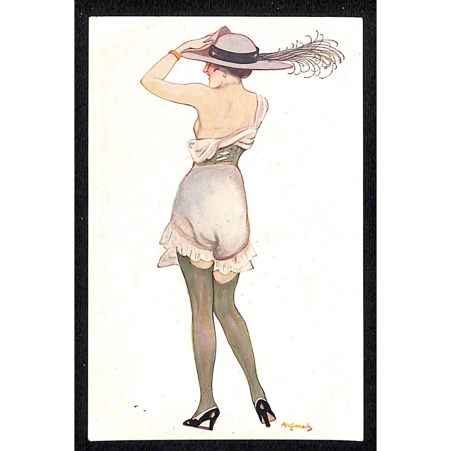 French Art Nouveau Postcard Fashion Feather Hat Unposted Signed Aujarach?