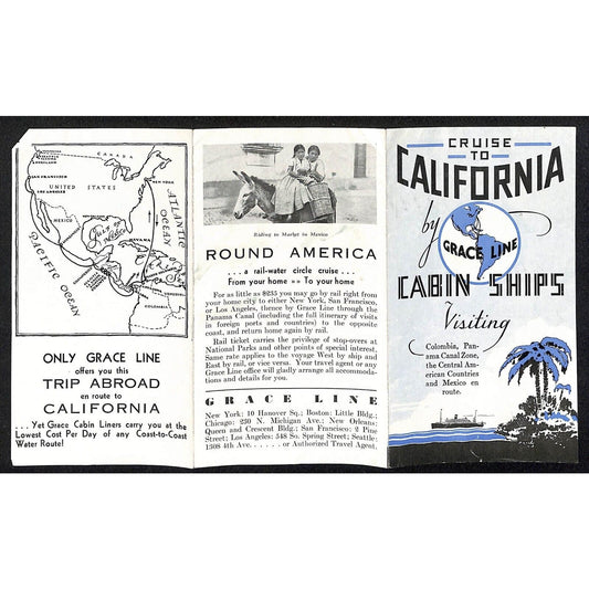 Grace Line Cabin Ships "Cruise to California" c1937 Single Sheet Pamphlet
