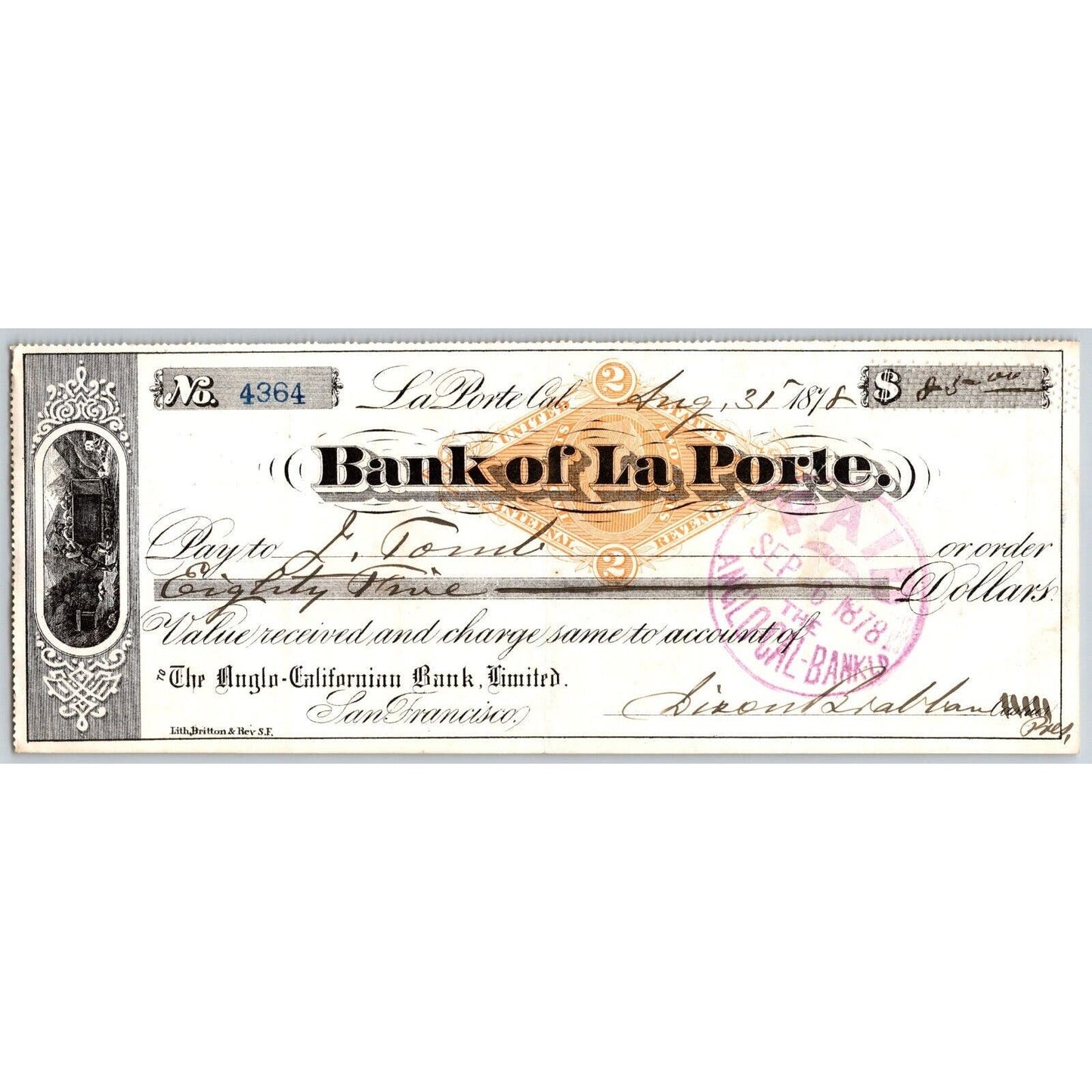 Bank of La Porte Check 1878 Mining Vignette RN-G1 Rev Stamp 4364