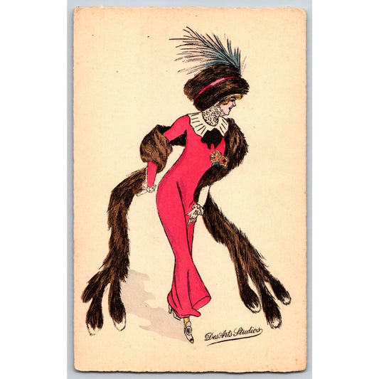Des Arts Studios Art Nouveau Postcard Fancy Woman Fashion Fur Hat Feathers (#2)