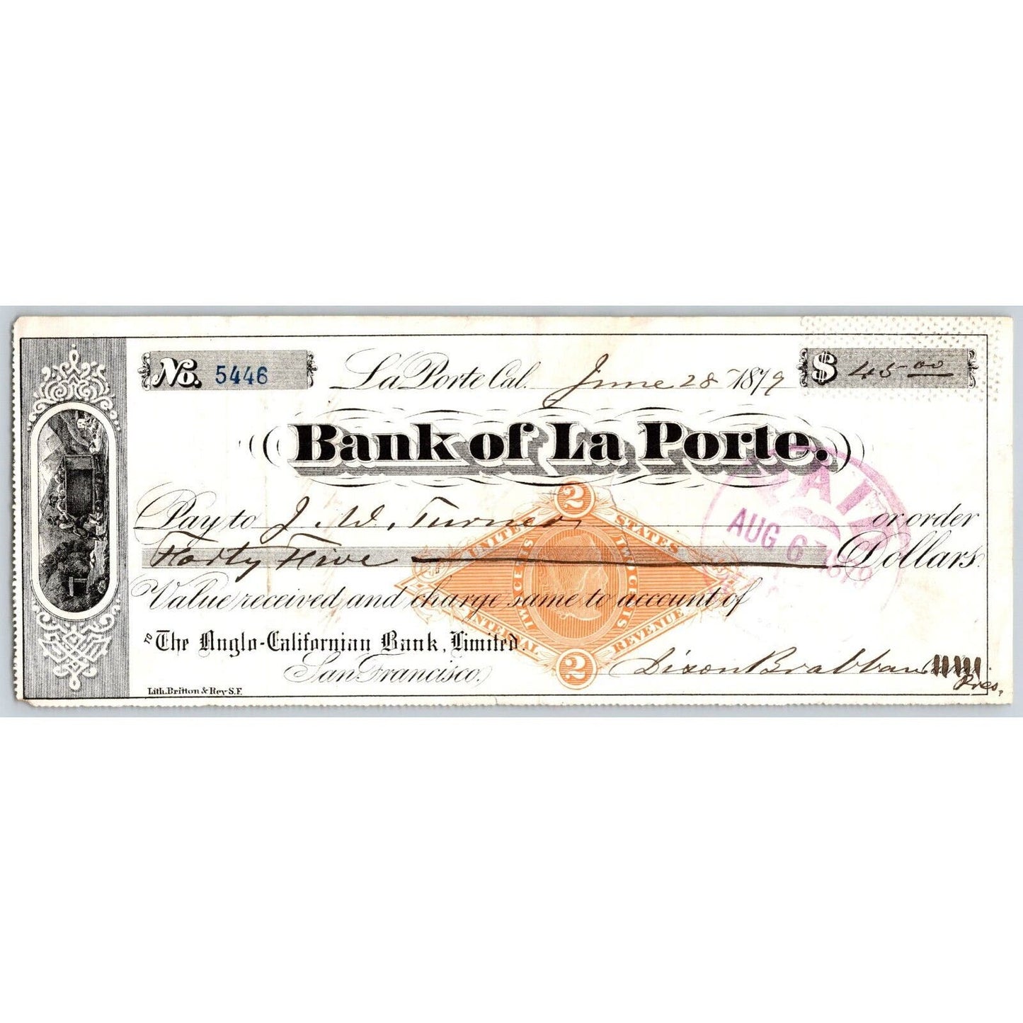 Bank of La Porte Check J.W. Turner ? 1879 Mining Vignette RN-G1 Rev Stamp #5446