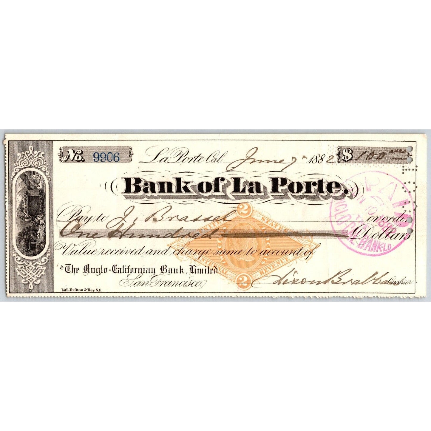 Bank of La Porte Check G. Brassel 1882 Mining Vignette RN-G1 Rev Stamp #9906