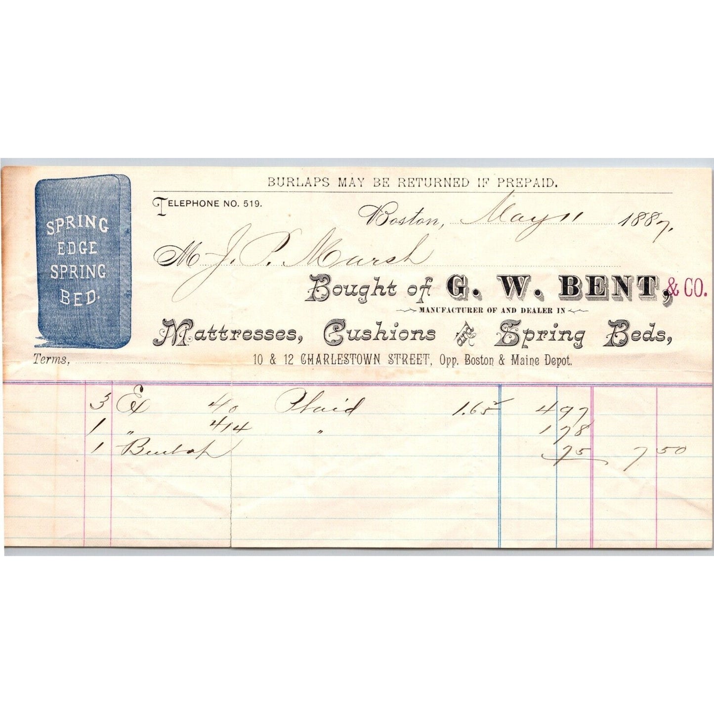 G.W. Bent Mattresses Cushions Spring Beds Boston 1887 Billhead Vignette