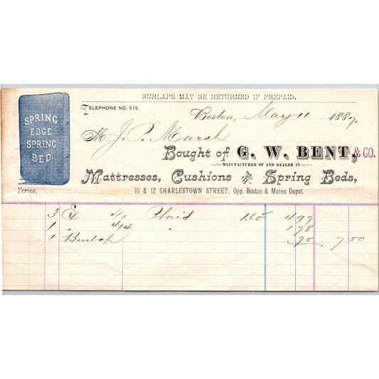 G.W. Bent Mattresses Cushions Spring Beds Boston 1887 Billhead Vignette