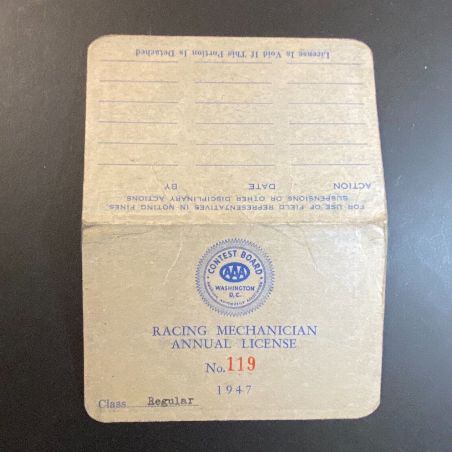 1947 AAA "Racing Mechanician License" "Charles Henry Meyer" ID Card - Scarce