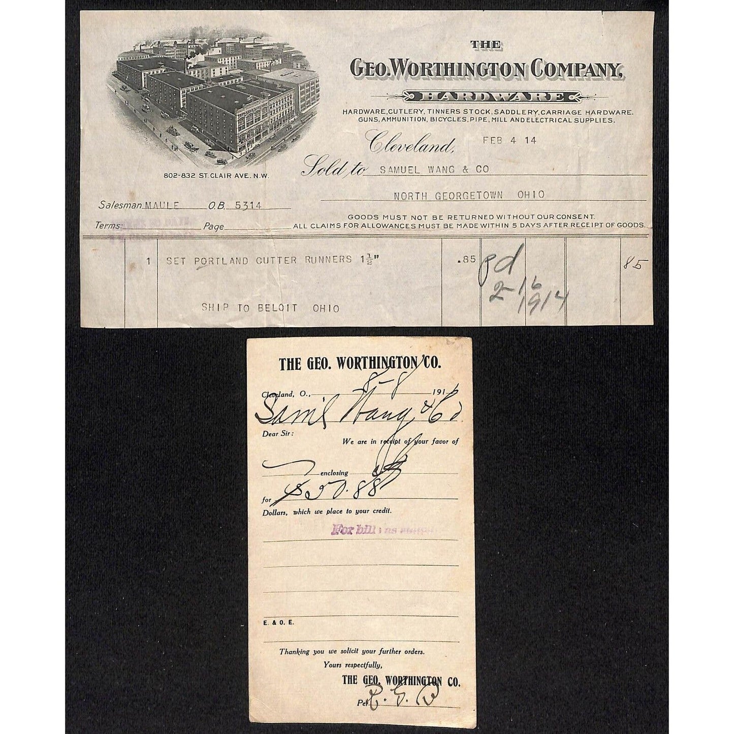 Geo Worthington Co. 1914 Billhead 1911 Post Card Samuel Wang* N Georgetown