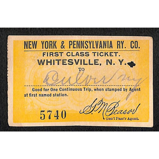New York & Pennsylvania Ry 1917 "Large" First Class Ticket Whitesville #5740