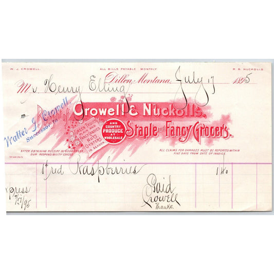 Dillon, MT Crowell & Nuckolls Staple & Fancy Goods 1895 Billhead Raspberries