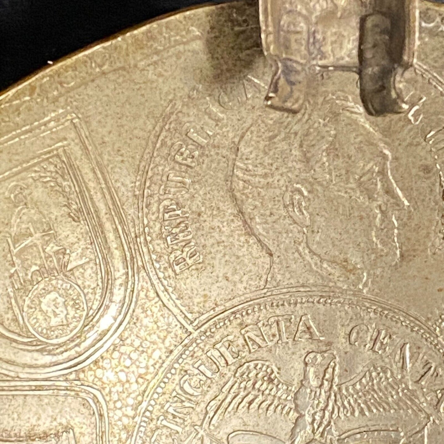 Mexican Cincuenta Centavos Art Metal Hammered Ash Tray 2 3/4" dia. 1 1/8" h