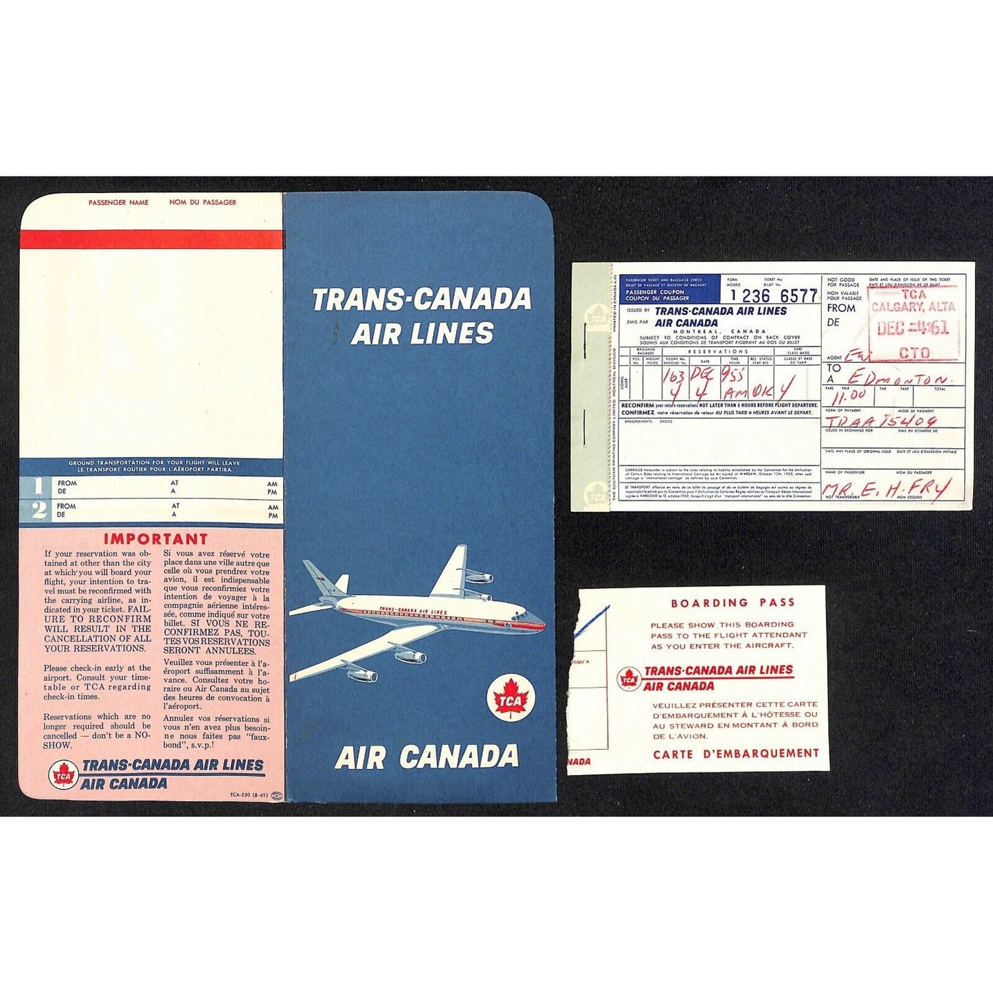 1961 Trans-Canada Air Lines Ticket Holder / Envelope w/ Ticket VGC