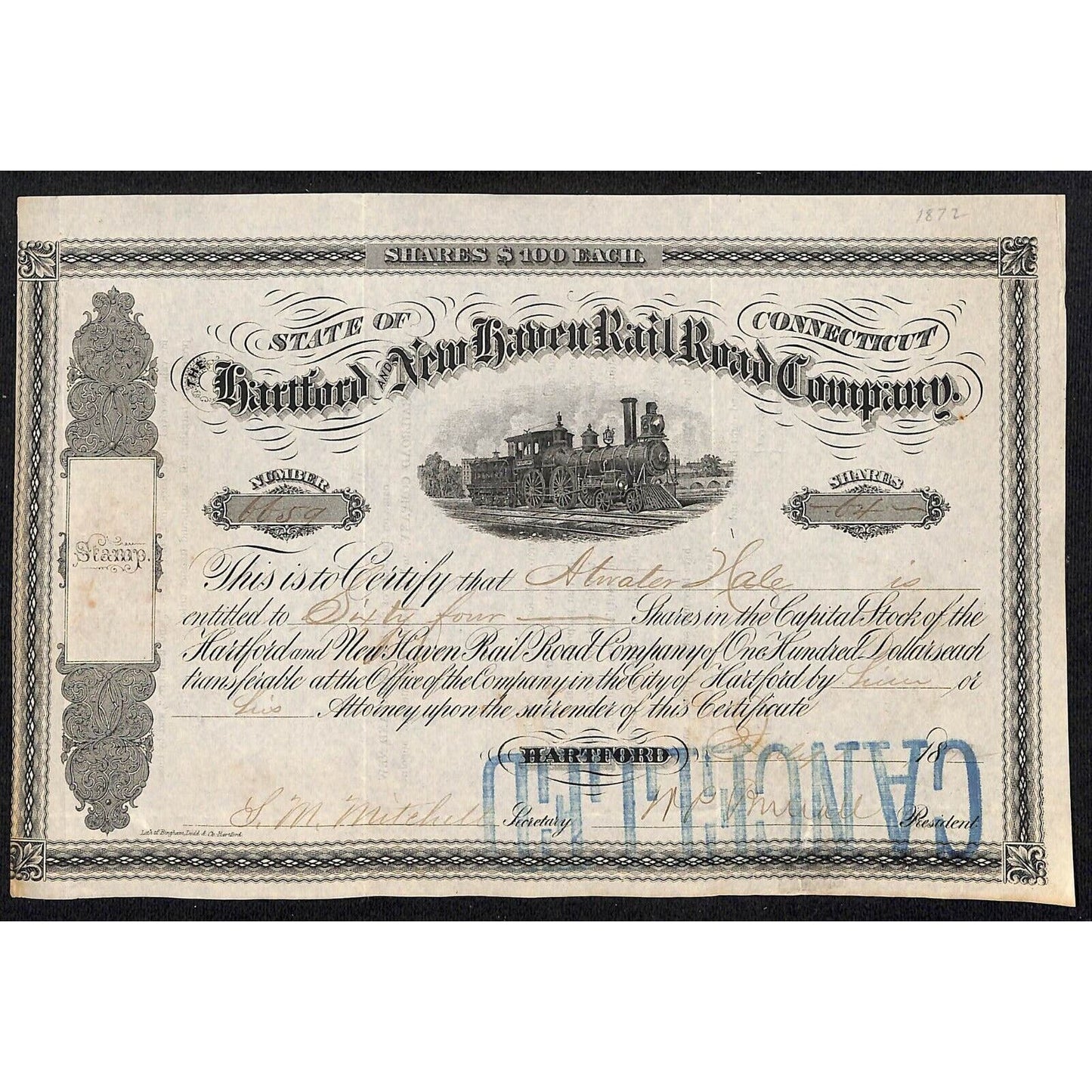 Hartford and New Haven Railroad 1872? Stock Certificate #6659 to Atwater Hale