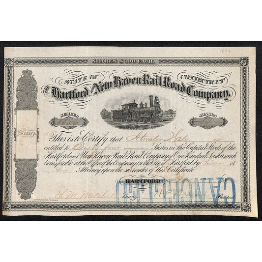 Hartford and New Haven Railroad 1872? Stock Certificate #6659 to Atwater Hale