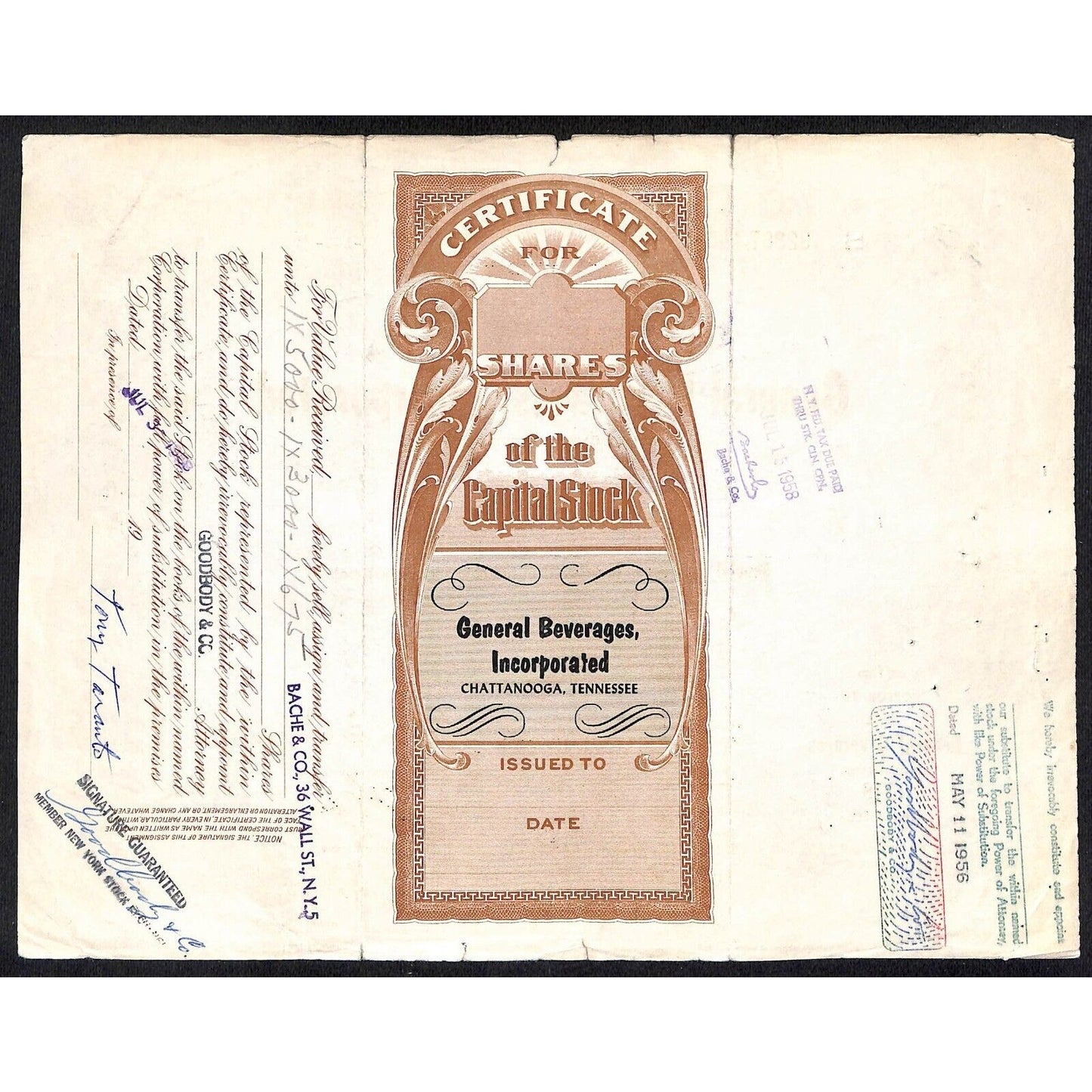 General Beverages, Inc.* Tennessee 1955 Stock Certificate Tony Taranto #32307