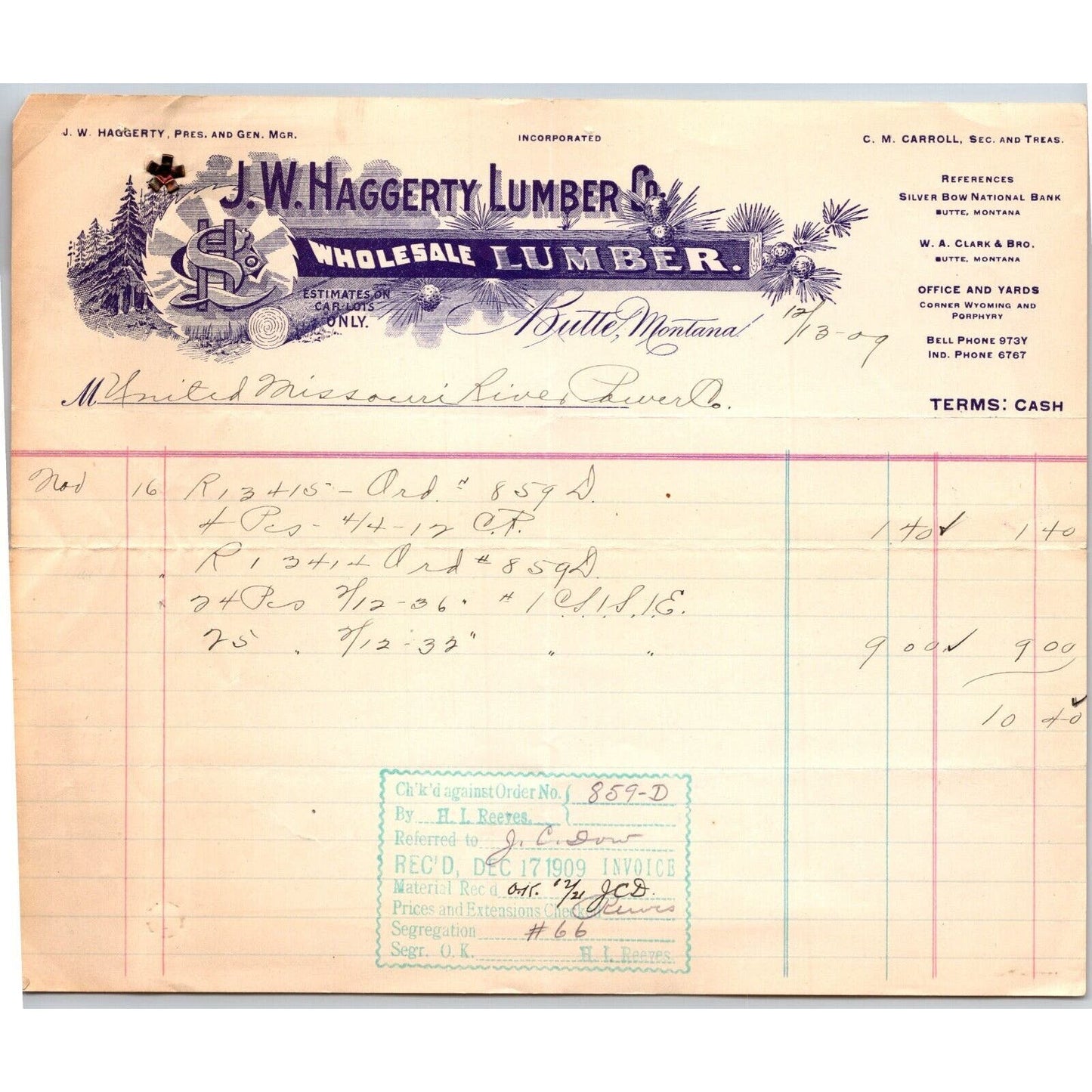 Butte, MT J.W. Haggerty Lumber Co. 1909 Billhead to Missouri River Power Co.
