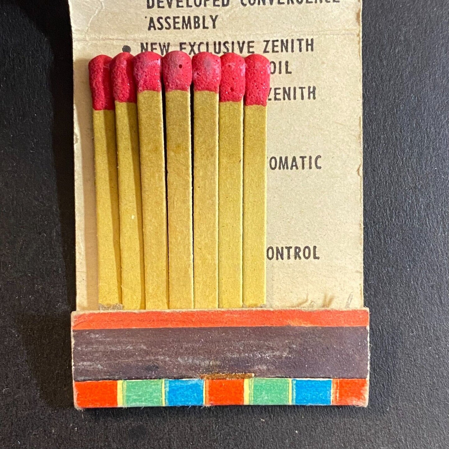 Zenith Color TV "Handcrafted - No Printed Circuits" Half Full Matchbook c1962-67