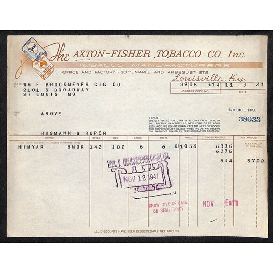 Louisville, KY The Axton-Fisher Tobacco Co Spud Twenty Grand 11/3 1941 Billhead