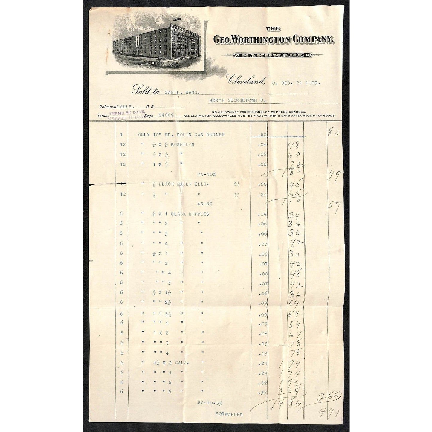 Geo. Worthington Co. Hardware 1909 Billhead Samuel Wang* N. Georgetown OH
