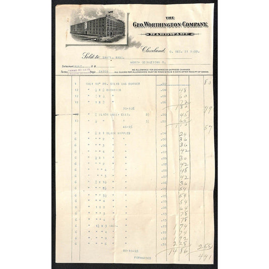 Geo. Worthington Co. Hardware 1909 Billhead Samuel Wang* N. Georgetown OH