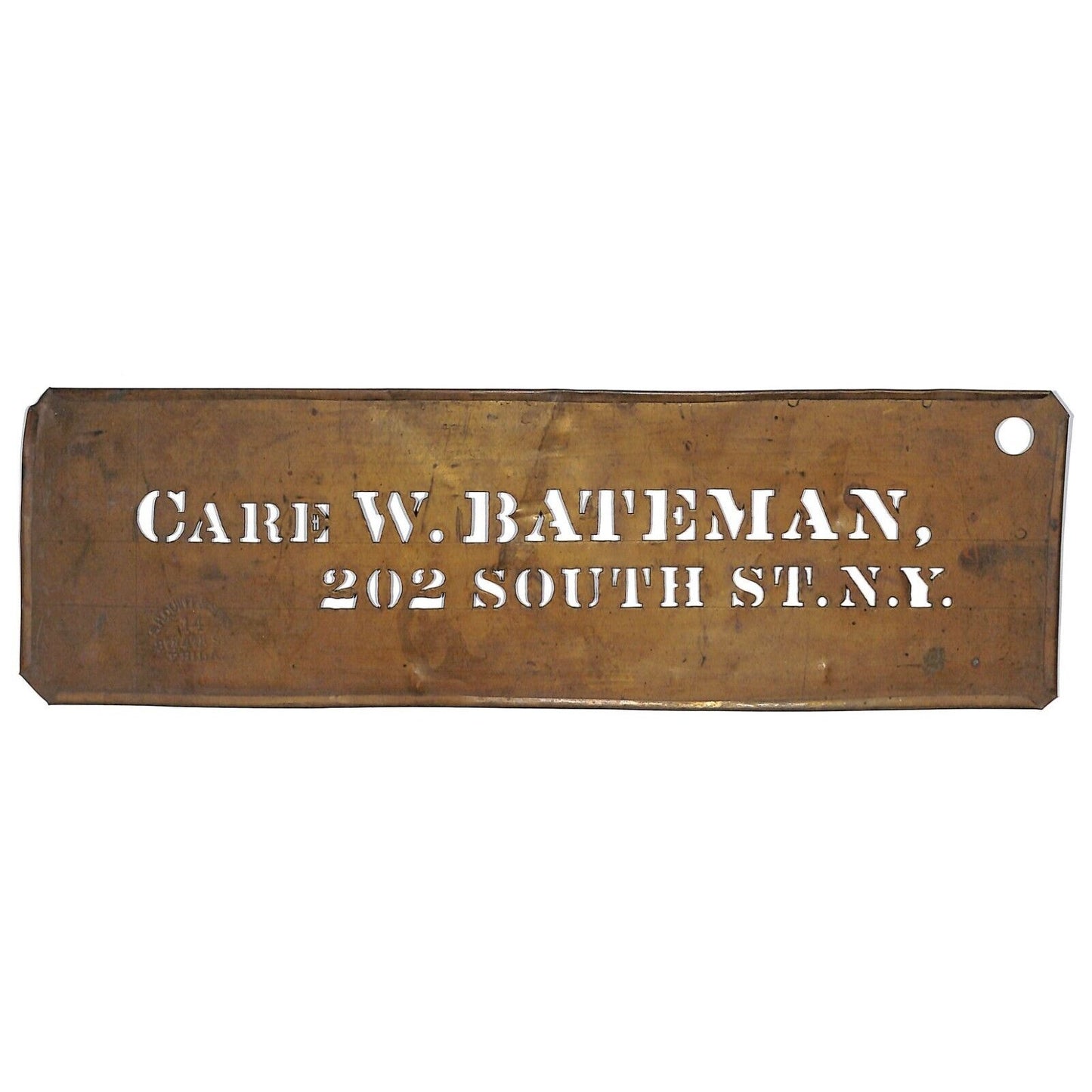 W. Bateman 202 South St, NY Brass Stencil Crate c1880's-1920 3 1/8" x 10"