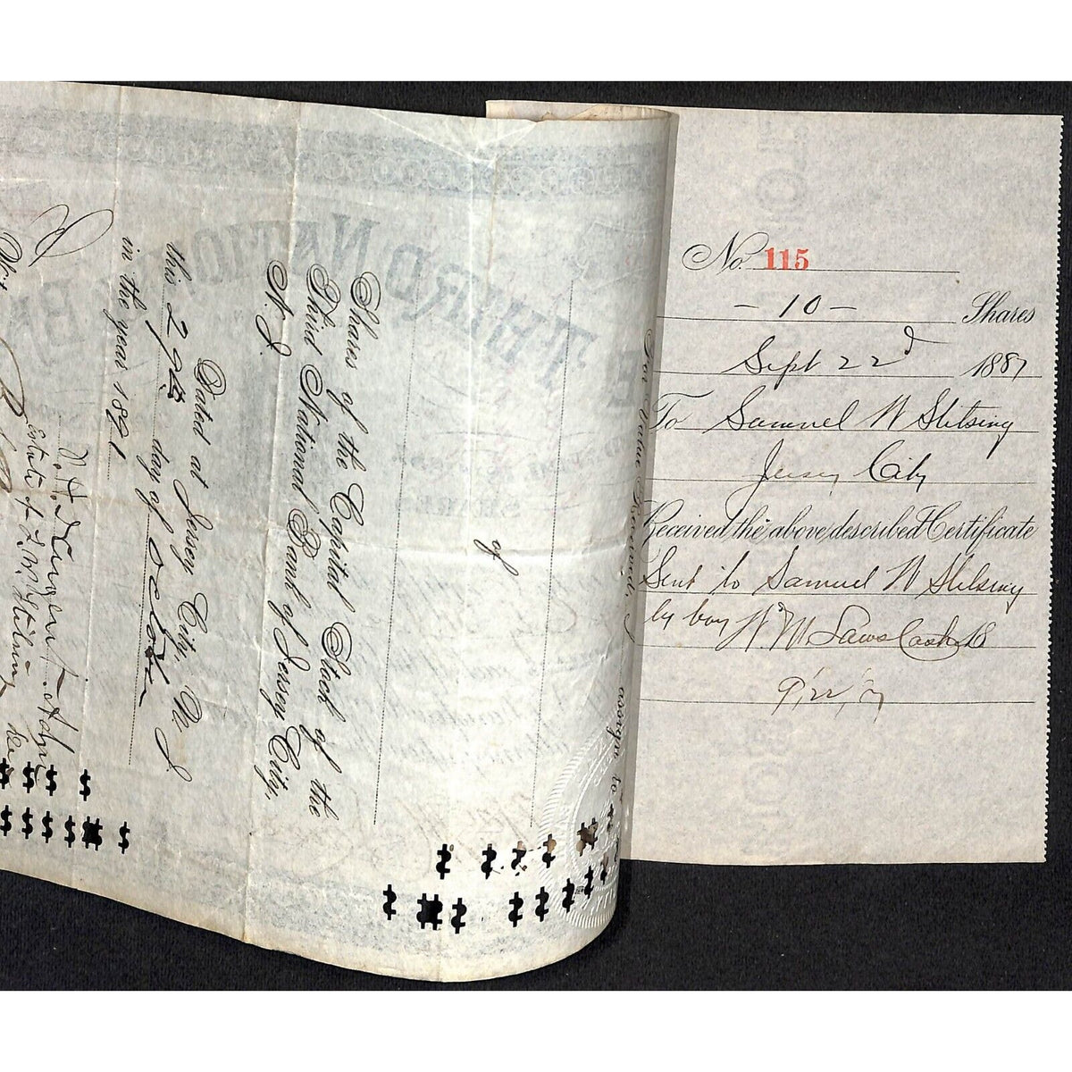 Third National Bank Jersey City, NJ 1887 Stock Certificate Samuel W. Stilsing