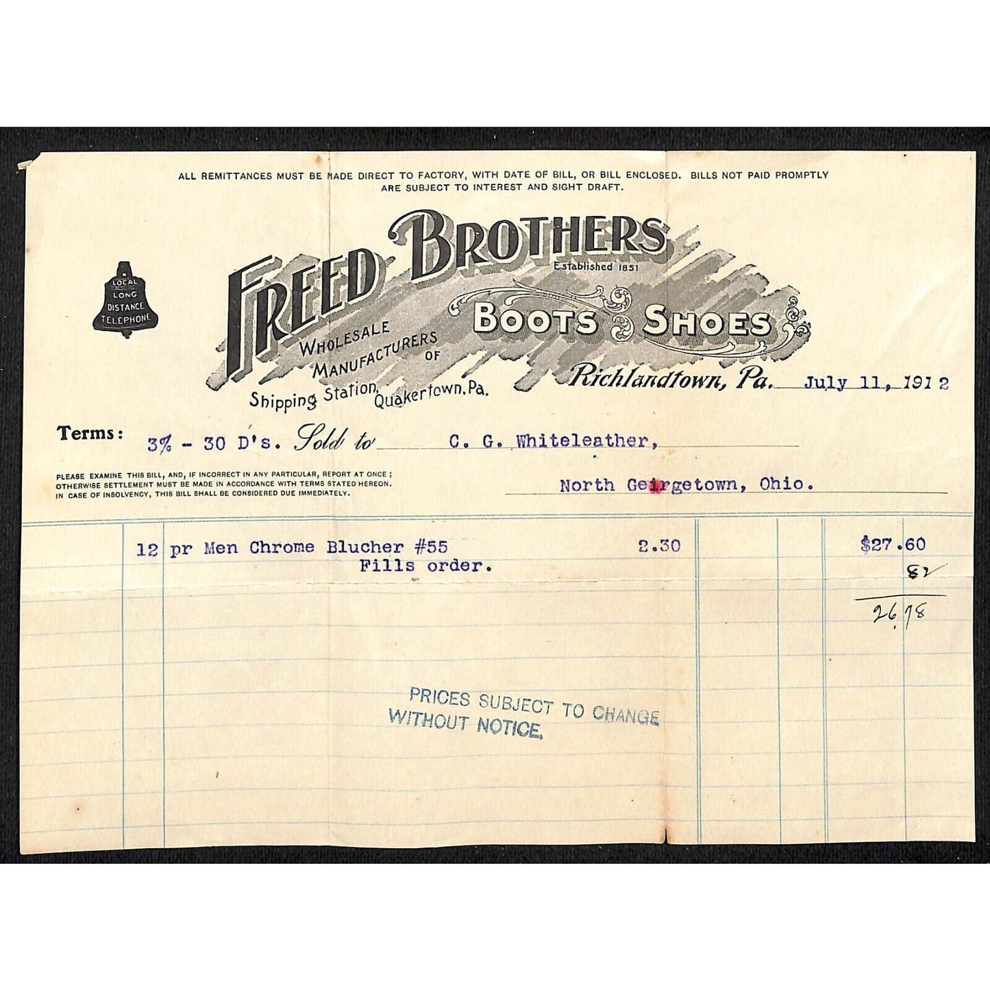 Freed Brothers Richlandtown, PA 1912 Receipt Whiteleather* / Bell System