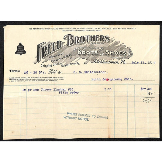 Freed Brothers Richlandtown, PA 1912 Receipt Whiteleather* / Bell System