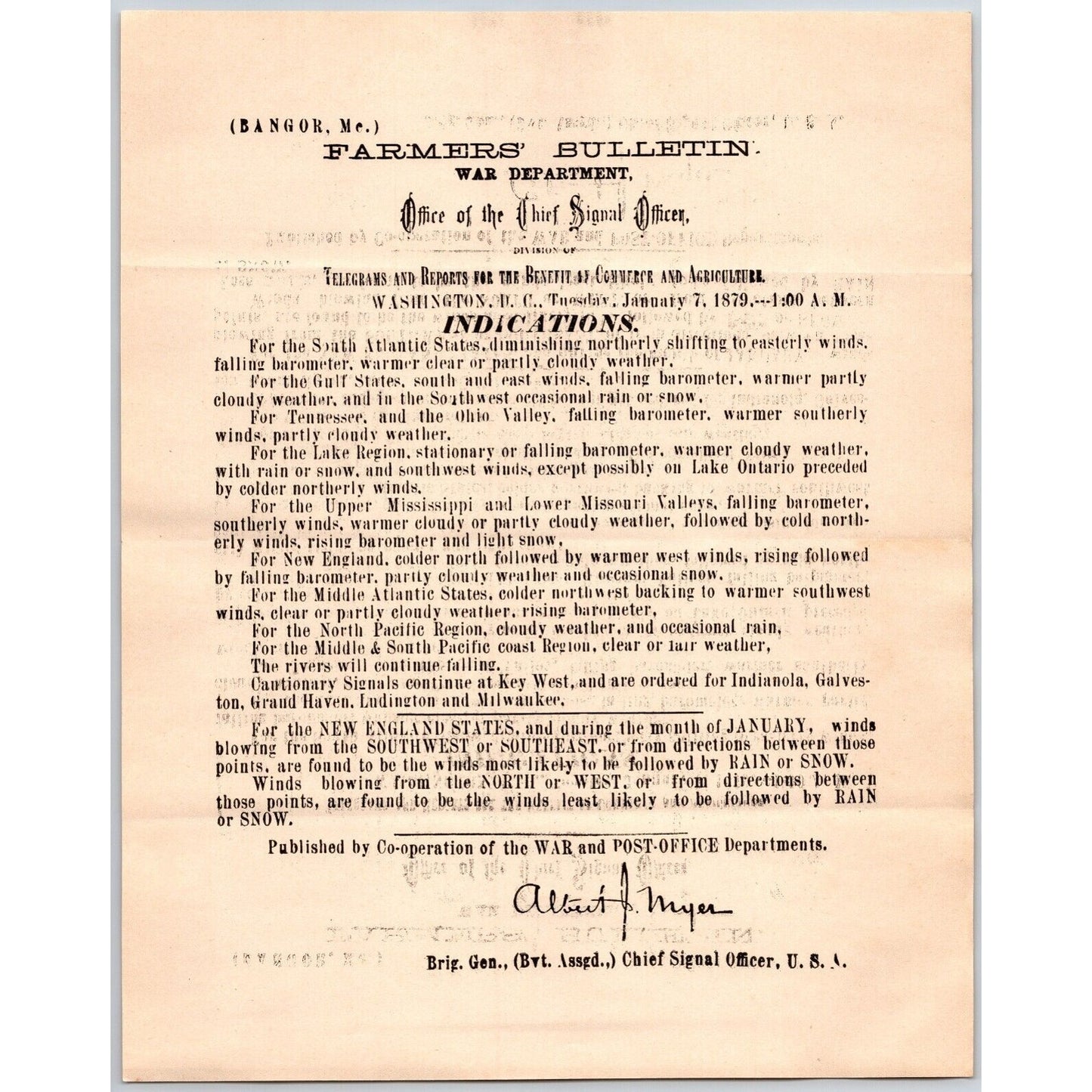 Bangor, ME Chief Signal Office, War Department Farmers' Bulletin - Jan. 7, 1879