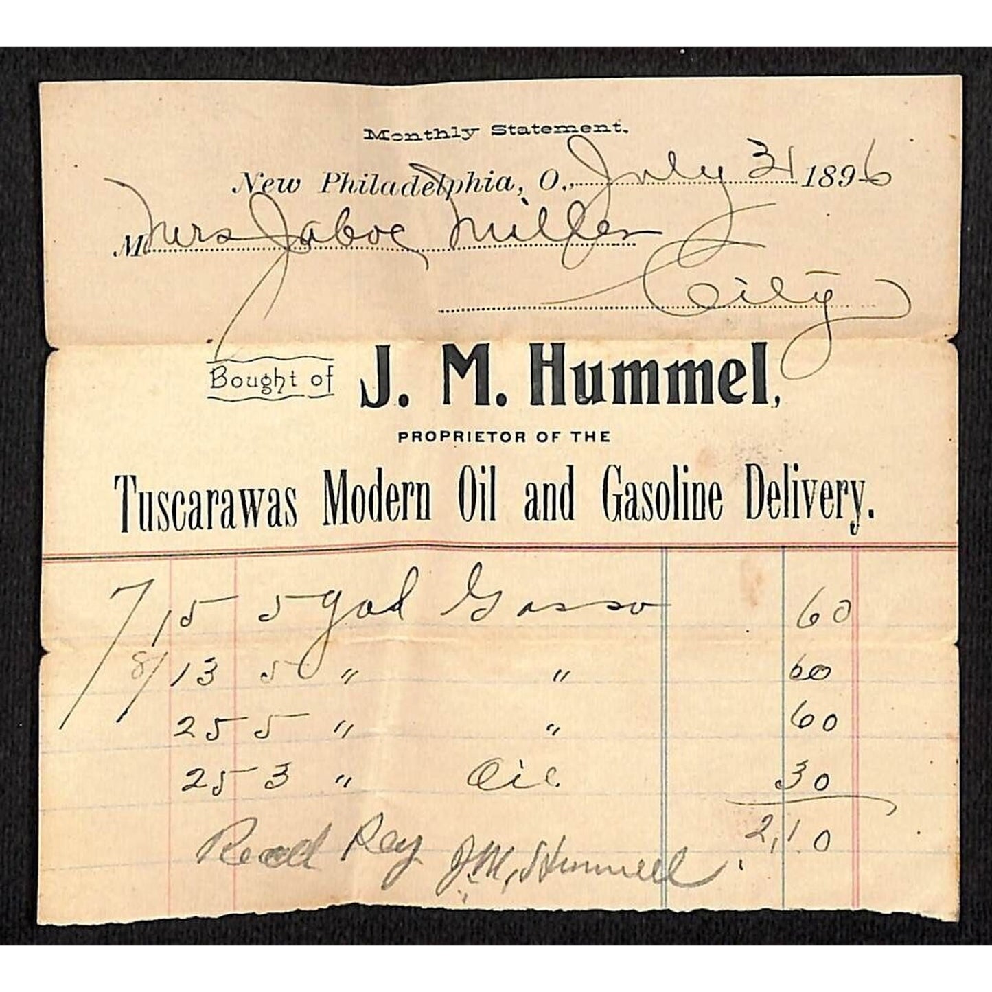 J.M. Hummel "Modern Oil and Gasoline Delivery" New Phila., OH 1896 Billhead VGC