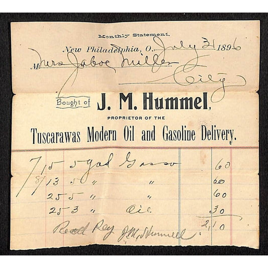 J.M. Hummel "Modern Oil and Gasoline Delivery" New Phila., OH 1896 Billhead VGC