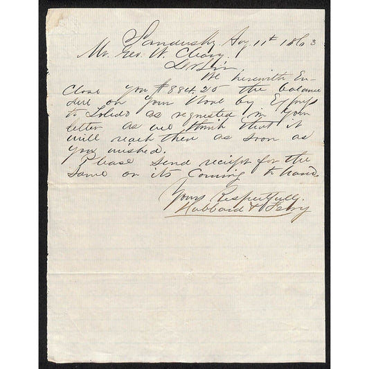 1863 Sandusky, OH ALS Geo. W. Clary Hubbard & ??? re: $884.25 Payment