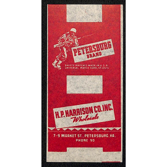 H.P. Harrison Co. Peterburg, VA WWII Matchbox Label Active Soldier Scarce