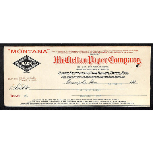 McClellan Paper Co. Minneapolis Hutchinson Decorah, IA* 1902 Cut Billhead