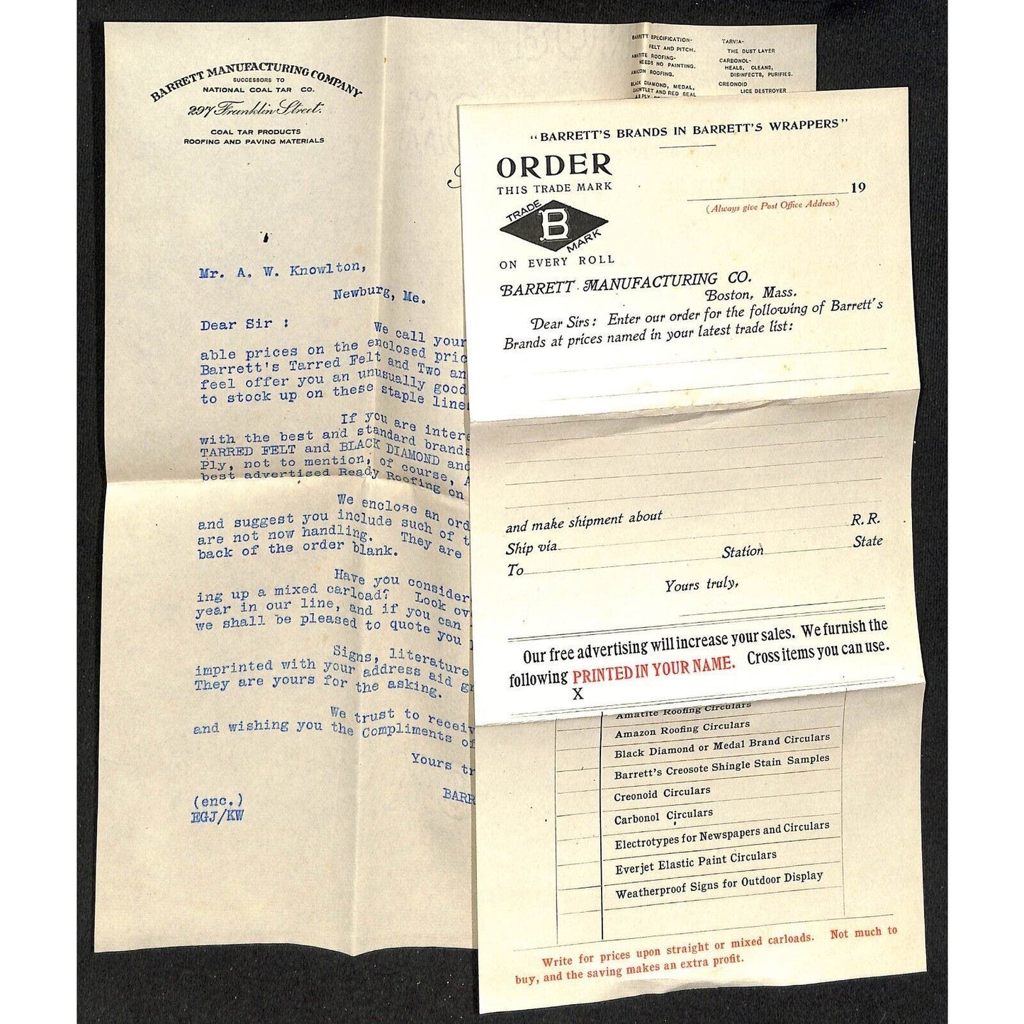 Boston, MA Barrett Manufacturing Roofing 1910 Letterhead & Order Form Knowlton*