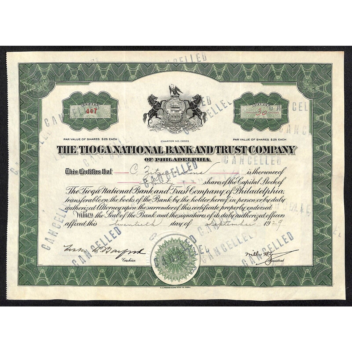 Tioga National Bank Trust Philadelphia 1929 Stock Certificate C. Zitzer & Sons