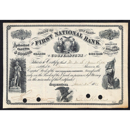 First National Bank of Cooperstown 1881 Stock Certificate - S. Bowers