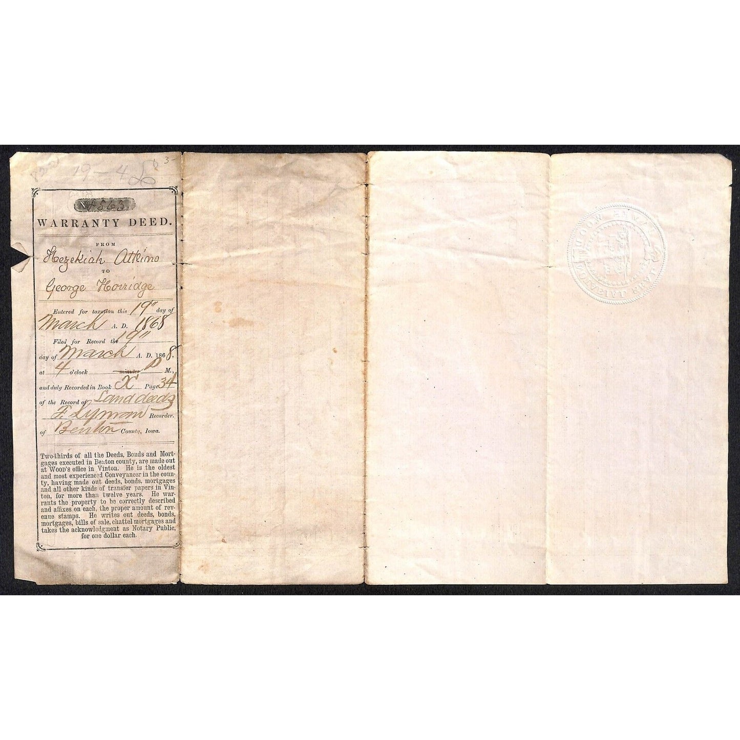 Hezekiah Atteimo ? / Aheimo ? 1868 Benton County Iowa Warranty Deed