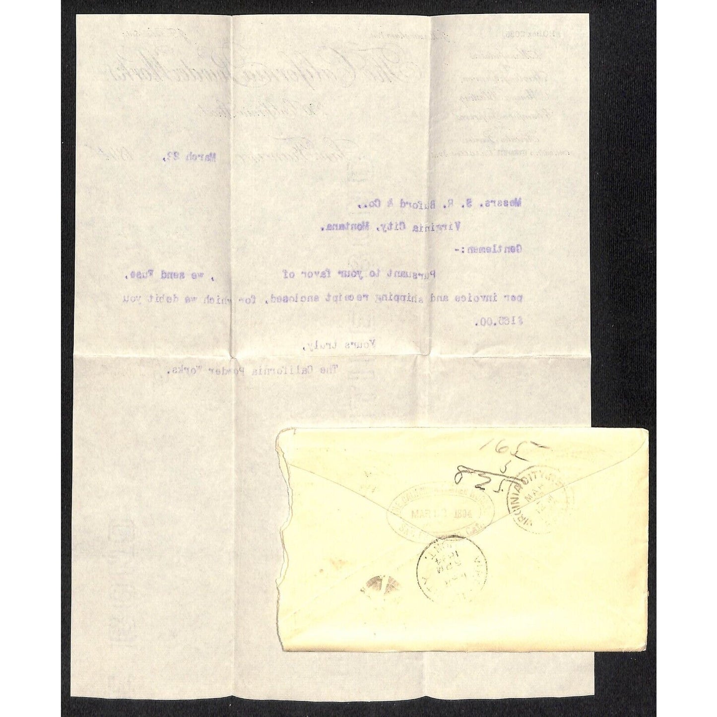 California Powder Works Mar 1894 Letterhead + Cover S.R. Buford Virginia City MT