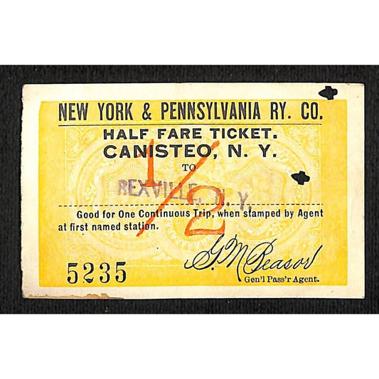 New York & Pennsylvania Railroad RY July 17 1917 Rexville Ticket #5235
