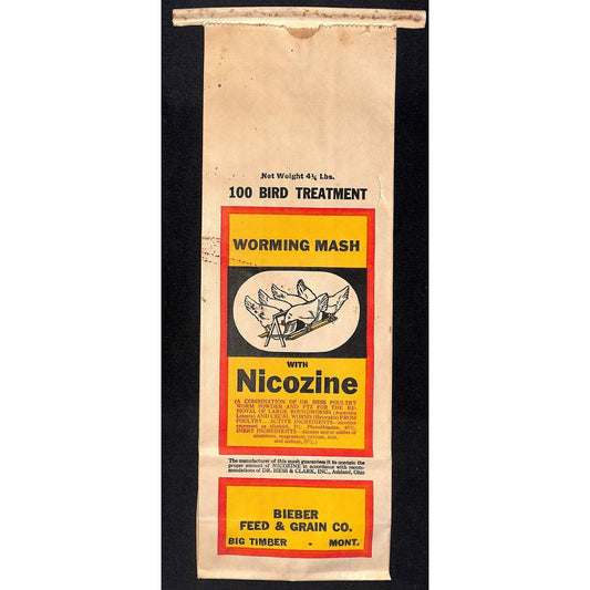 Bieber Feed & Grain Co. Big Timber, MT Hess Nicozine Worming Mash Bag c1955 (#3)