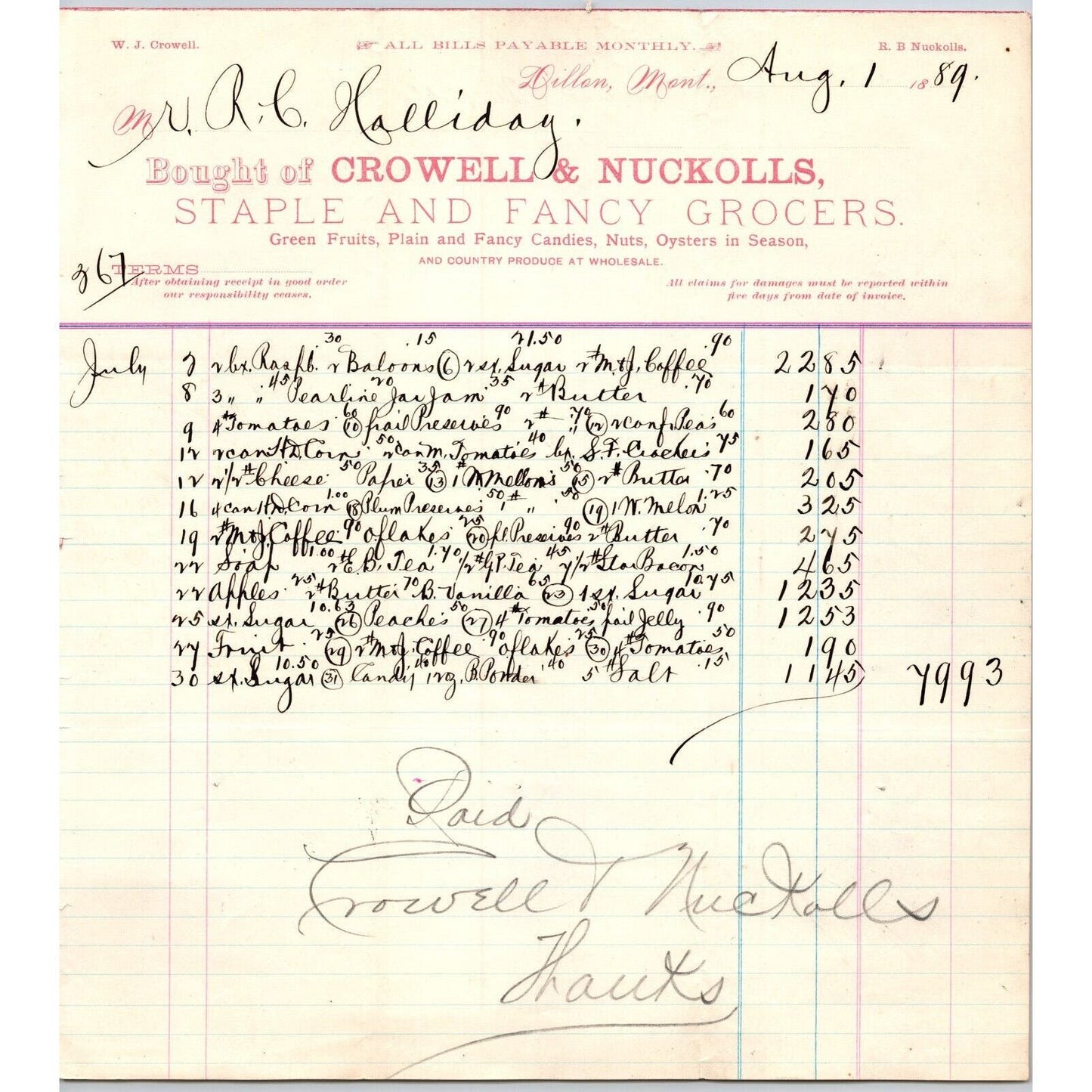 Dillon MT Crowell & Nuckolls Fancy Grocers Aug 1889 Billhead R.C. Halliday*