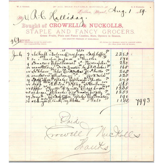 Dillon MT Crowell & Nuckolls Fancy Grocers Aug 1889 Billhead R.C. Halliday*