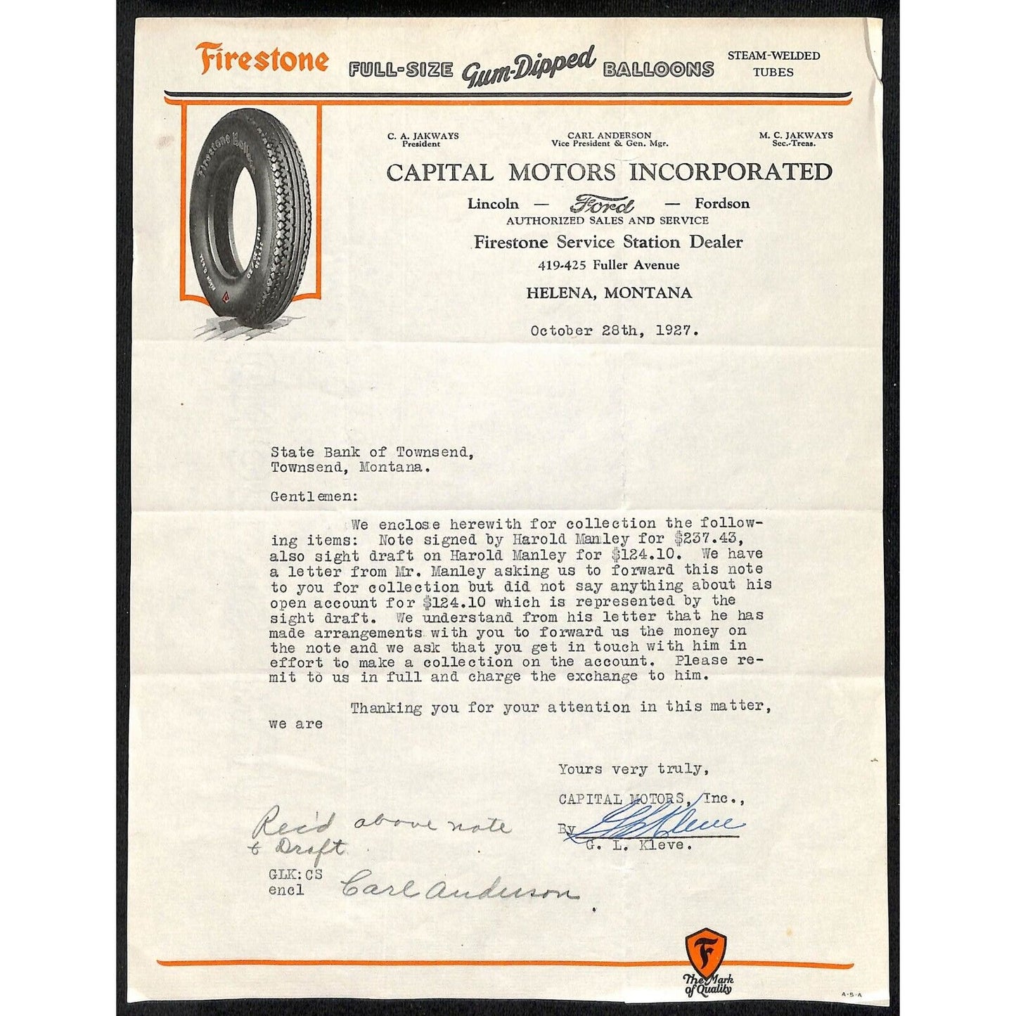 Firestone Capital Motors Ford Lincoln Fordson Helena, MT 1927 TLS Letterhead