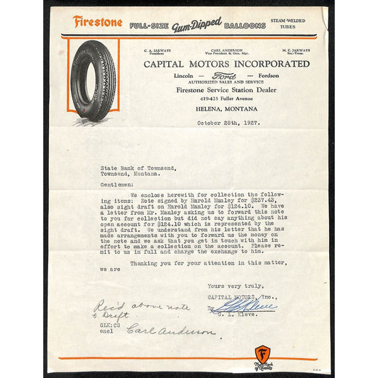 Firestone Capital Motors Ford Lincoln Fordson Helena, MT 1927 TLS Letterhead
