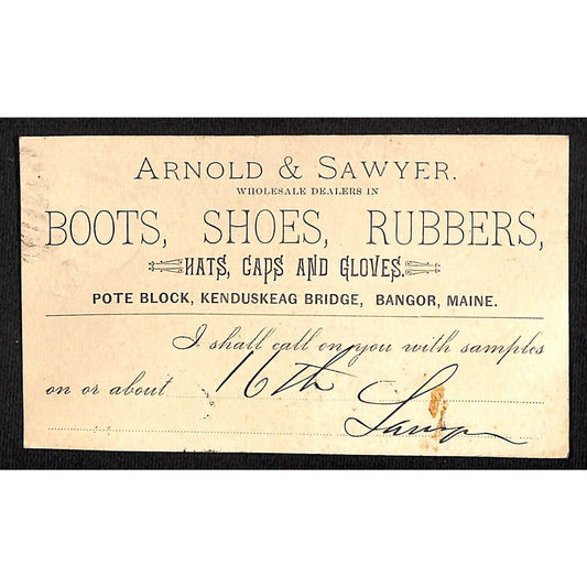 Bangor, ME Arnold & Sawyer Boots Shoes 1887 Advertising Postcard Postal Card