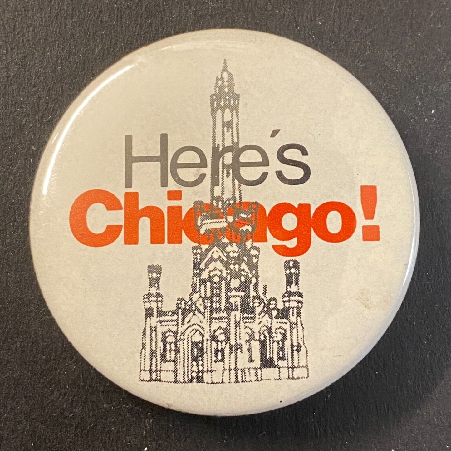 "Here's Chicago" Church Building c1980's Steel Pinback 1 5/8"