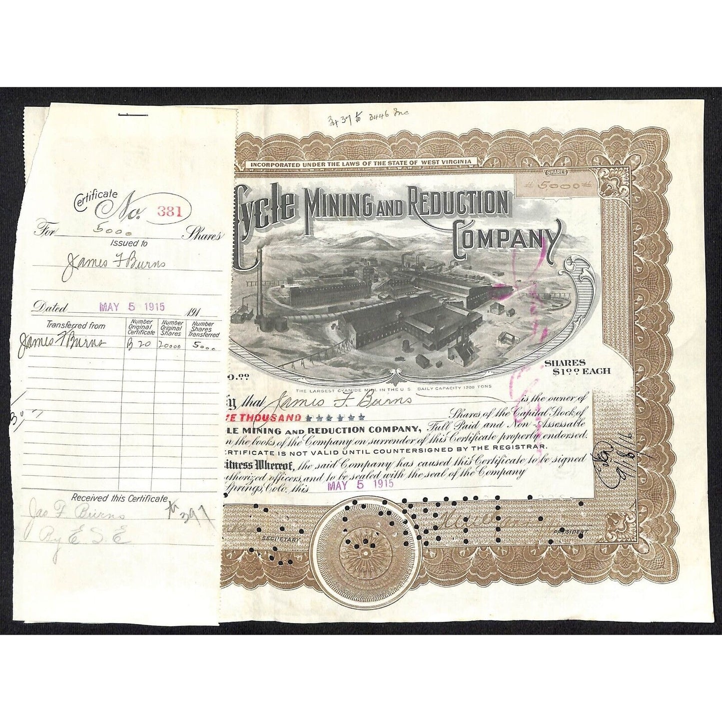 Golden Cycle Mining 1915 Stock Certificate w/ James F. Burns Sig. #381