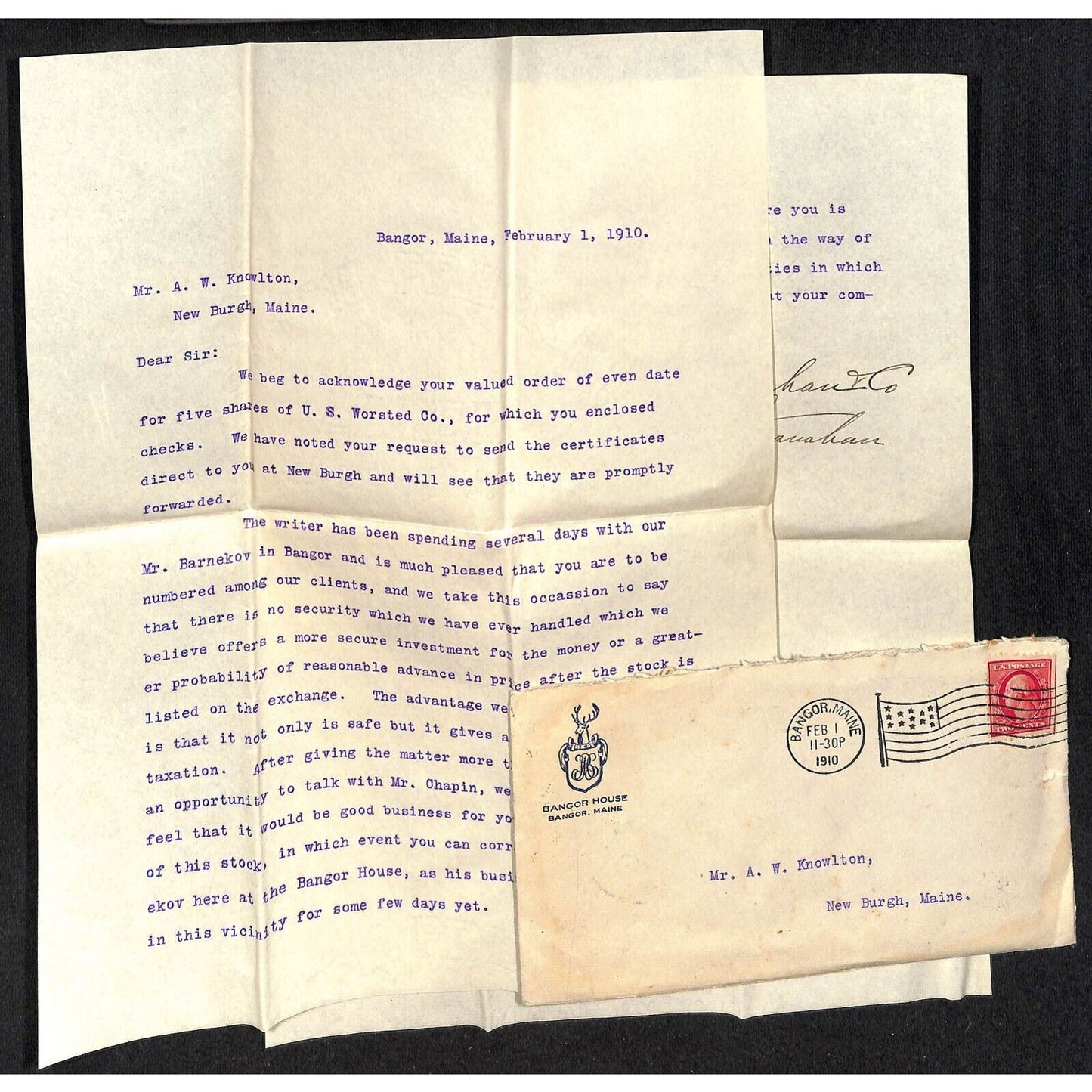 Bangor, MA 1910 Letter re: Stock Investments & Bangor House Cover Knowlton*